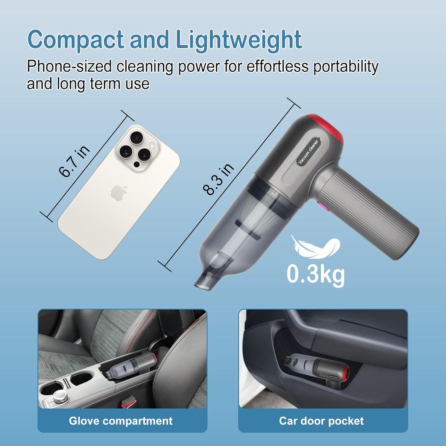 RoamVac 15kPa Cordless Car Vacuum — LED Display, USB-C Rechargeable