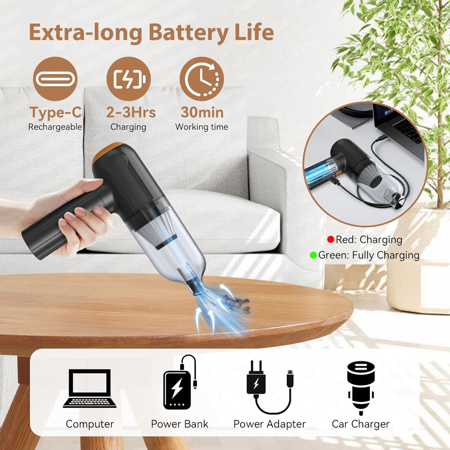 RoamVac 15kPa Cordless Car Vacuum — LED Display, USB-C Rechargeable