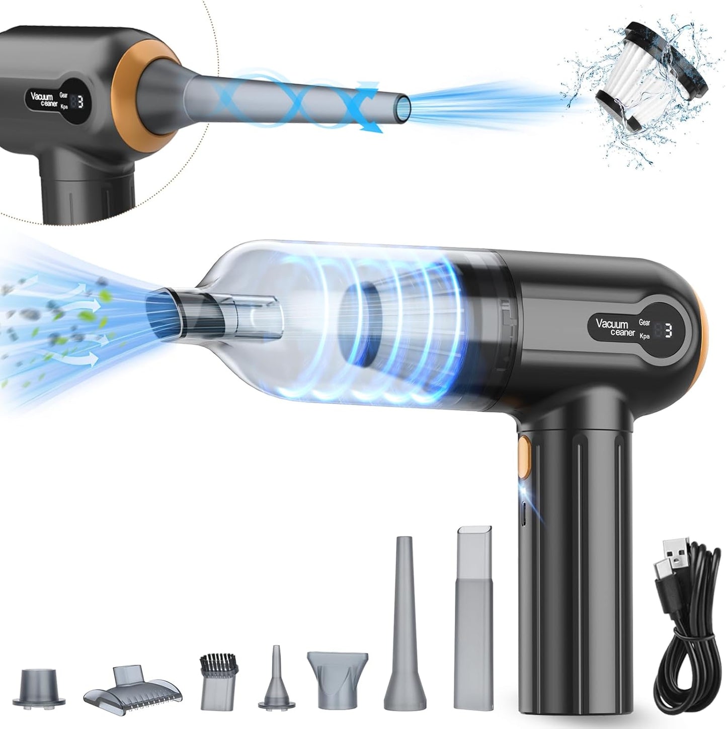 RoamVac 15kPa Cordless Car Vacuum — LED Display, USB-C Rechargeable