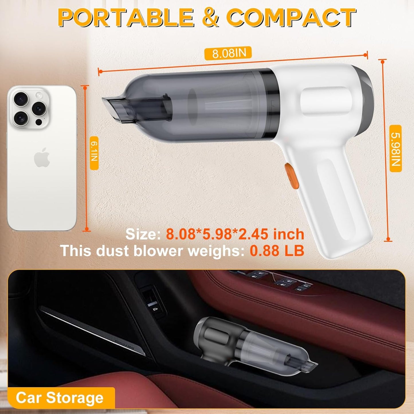 RoamVac 15kPa Cordless Car Vacuum — LED Display, USB-C Rechargeable