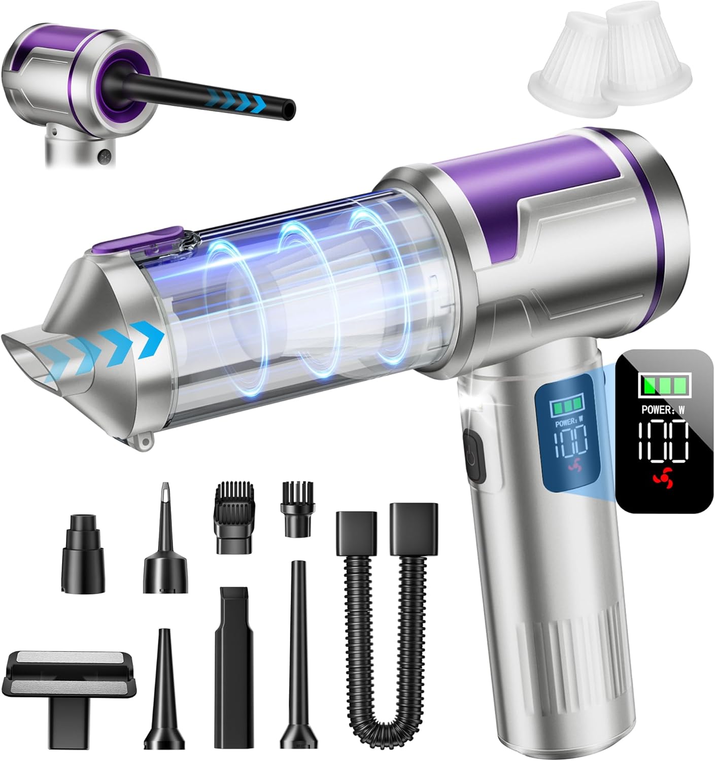 RoamVac Pro 22kPa Cordless Car Vacuum — Air Duster, LED Light, Multi-Nozzle.