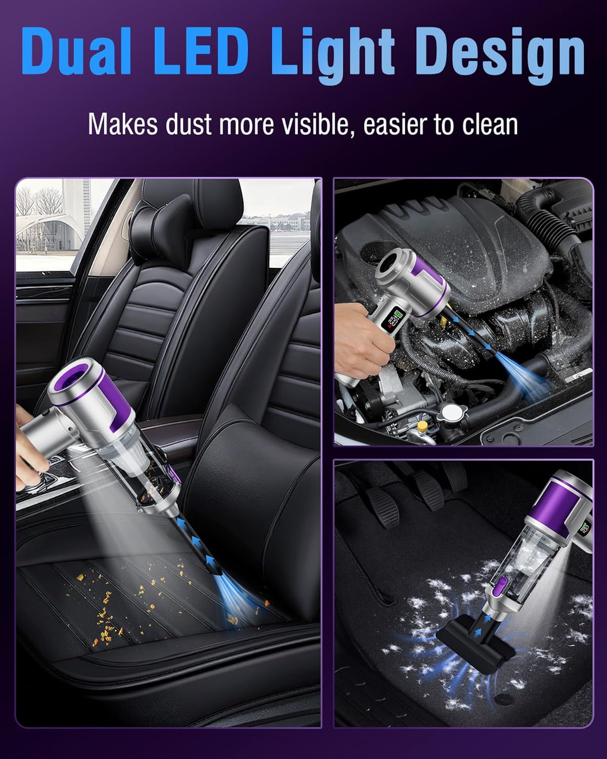 RoamVac Pro 22kPa Cordless Car Vacuum — Air Duster, LED Light, Multi-Nozzle.