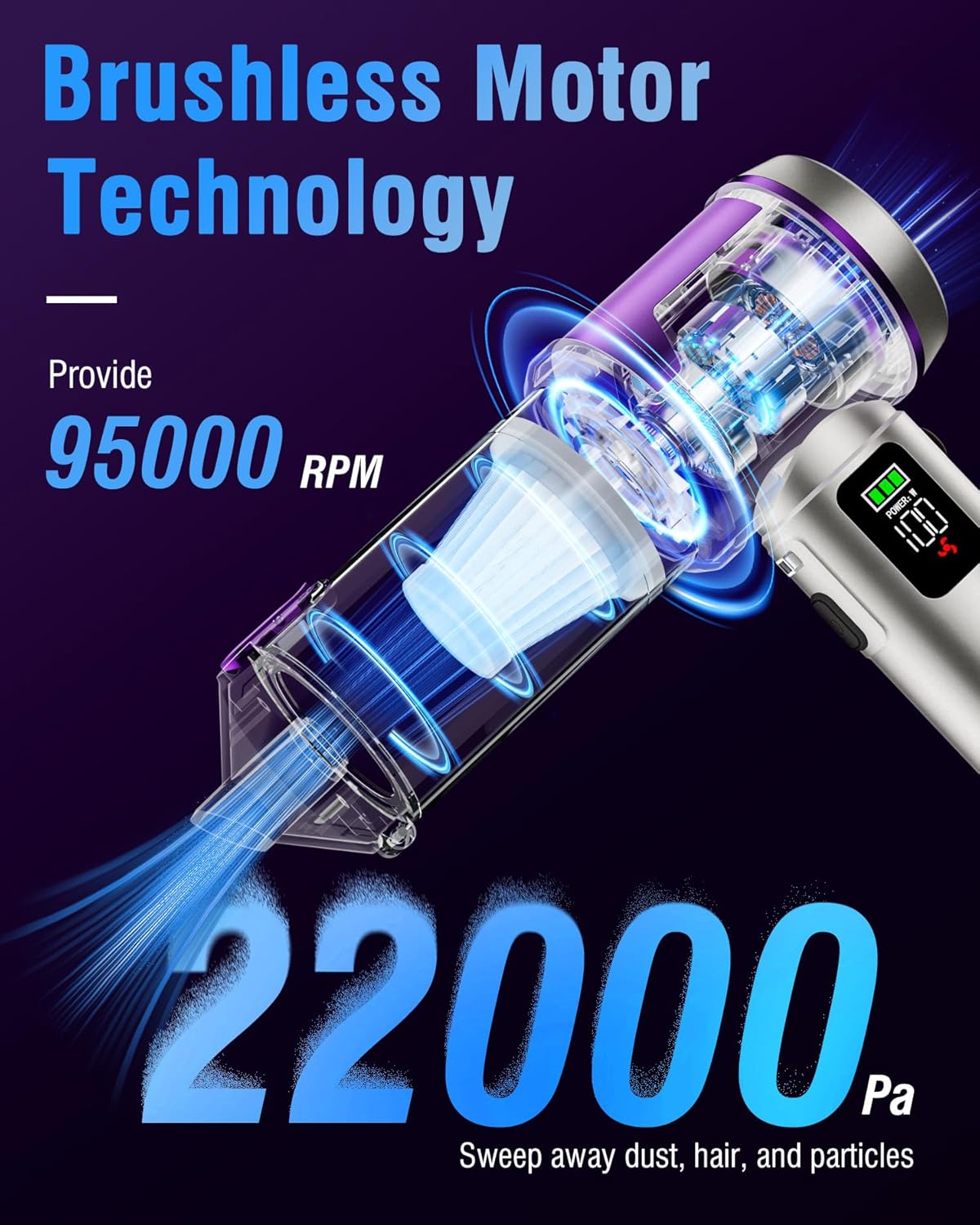 RoamVac Pro 22kPa Cordless Car Vacuum — Air Duster, LED Light, Multi-Nozzle.